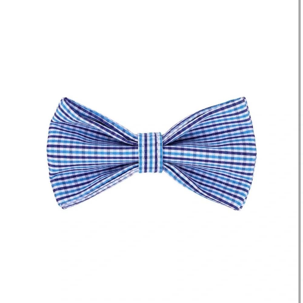 Blue Checkered Grid Dog Collar and Detachable Bow Tie Set - Adjustable - Large